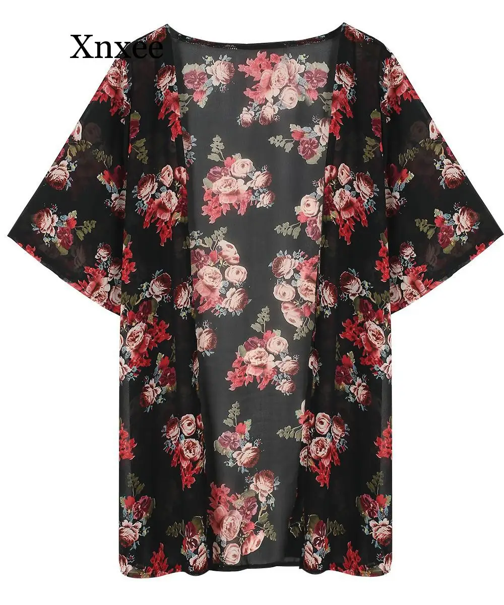 Xnxee Women Casual Vintage Kimono Cardigan Ladies Summer Long Crochet Chiffon Kimono preto Loose flora printed Blouse Tops Black