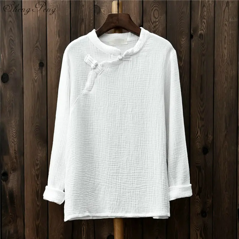 Traditional Chinese shirt long sleeve mandarin collar blouses female zen clothing white cotton linen blouse Q803