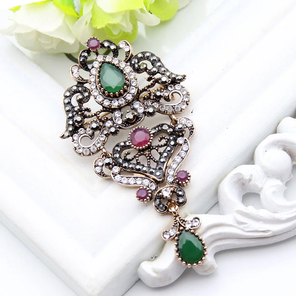 Sunspicems Vintage Turkish Brooch For Women Ethnic Party Jewelry Antique Gold Color Multicolor Crystal Algeria Bride Gift 2021