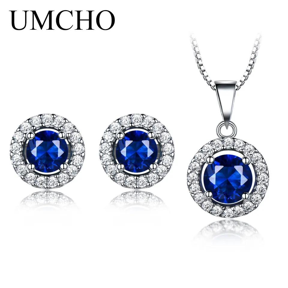 

UMCHO Real 925 Sterling Silver Jewelry Sets Created Sapphire Stud Earrings Necklace Elegant Birthday Gift For Women Fine Jewelry