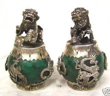 

1 Pair HANDWORK tibet silver Green Jade Carving Figures Dragon Phoenix lion foo dog Statue Tibetan Silver Bronze decoration