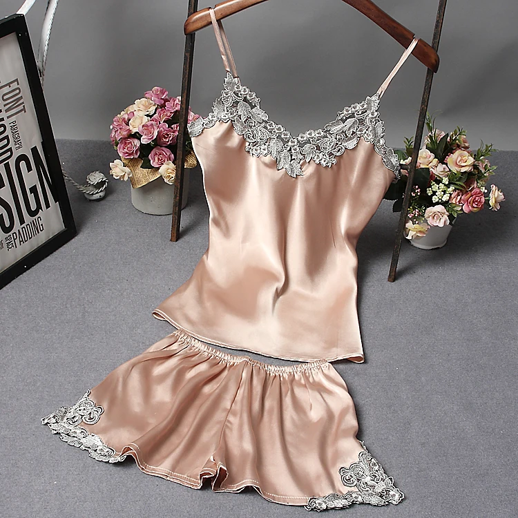 Women Clothes for Summer Shorts Sets Embroidery V-Neck Sleepwear Satin Pajama High Quality Sexy Spaghetti Strap Lace Pajama Set