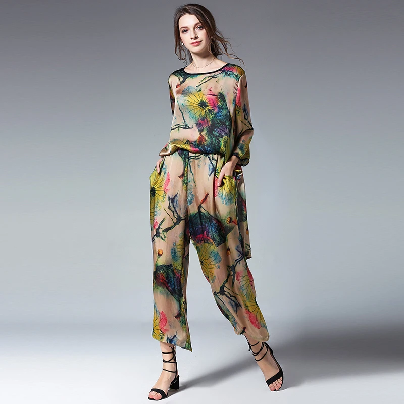 2-Piece Silk Lotus Suits for Women, Casual Suit, Loose Fashion Print Tops and Pants, Elastic Waist, Crew Neck, Summer, New