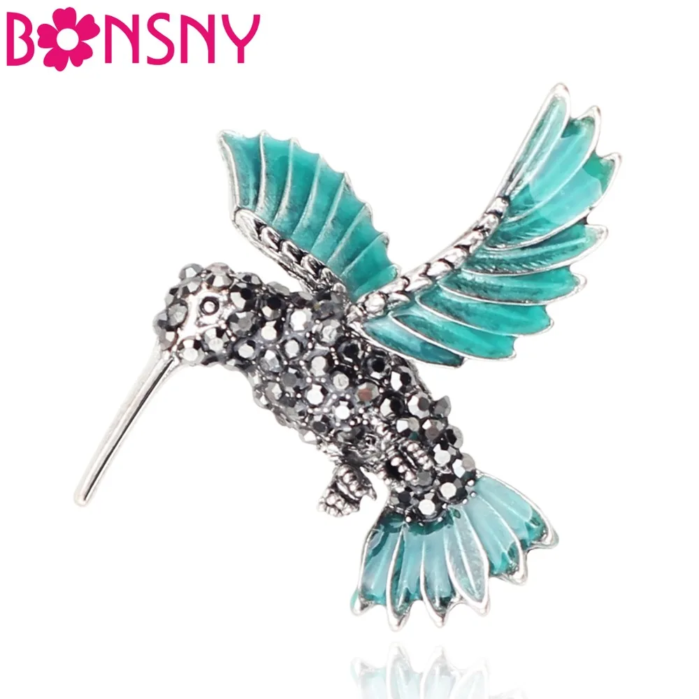 Bonsny Enamel Alloy Hummingbird Hummer Brooch Rhinestone Pin For Women Clothes Scarf Decoration Jewelry Ladies Accessories Bulk