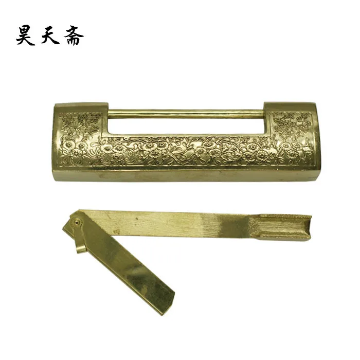 [Haotian vegetarian] Chinese antique brass lock padlock carved wooden doors Tongsuo 12CM HTH-008