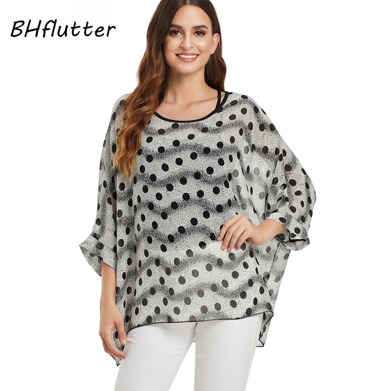 BHflutter White Blouse Shirt Women Fashion Batwing Casual Summer Tops Tees Ladies Print Chiffon Blouses Streetwear Plus Size