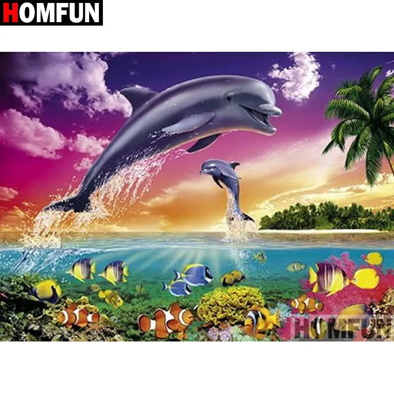 

HOMFUN Full Square/Round Drill 5D DIY Diamond Painting "Dolphin scenery" Embroidery Cross Stitch 3D Home Decor Gift A17674