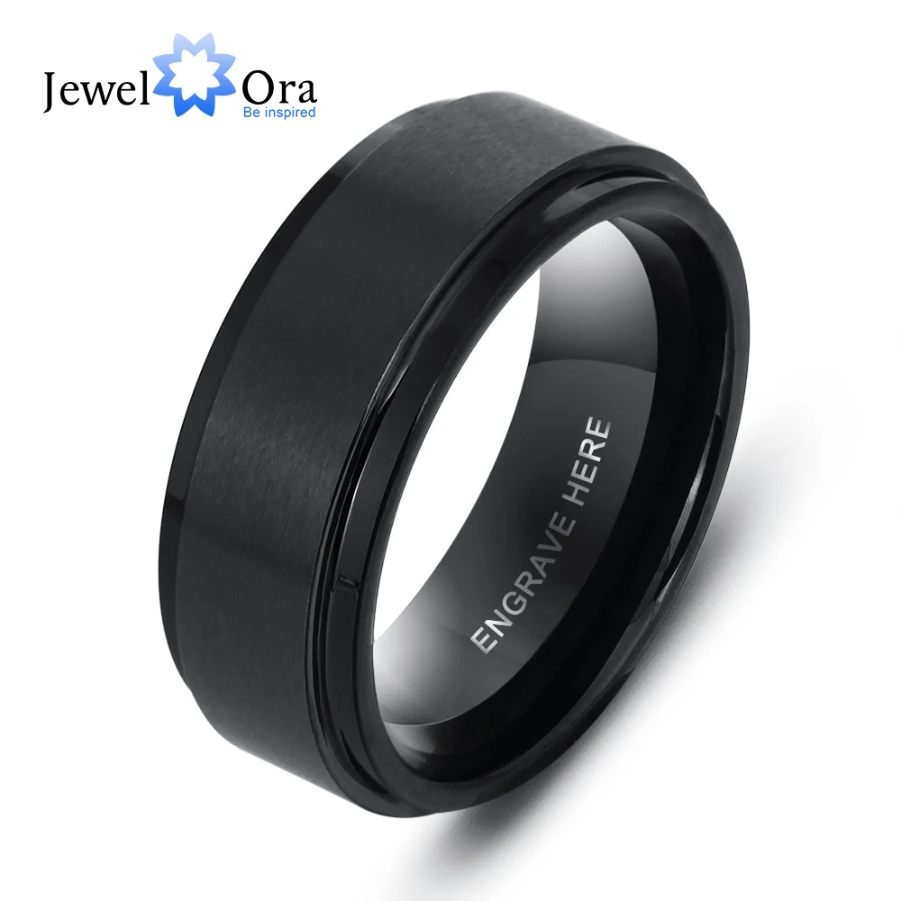 Personalized Engrave Name Rings for Men Black Stainless Steel Ring Fashion Male Jewelry Gift for Husbands (JewelOra RI103856)