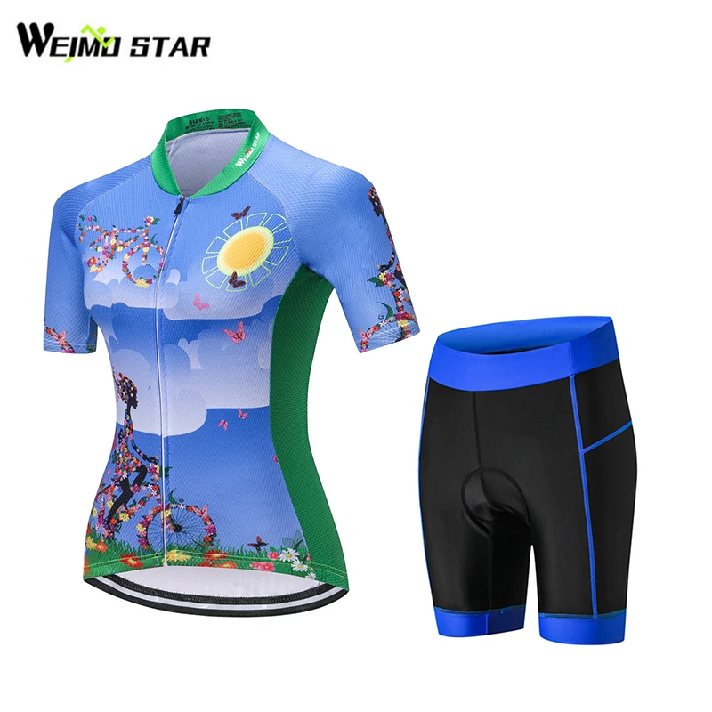 

Blue Riding Flowers Shirt Cycling Jersey WEIMOSTAR Women Summer Bike Jerseys Moutain Breathable Ropa Ciclismo MTB Shorts Set