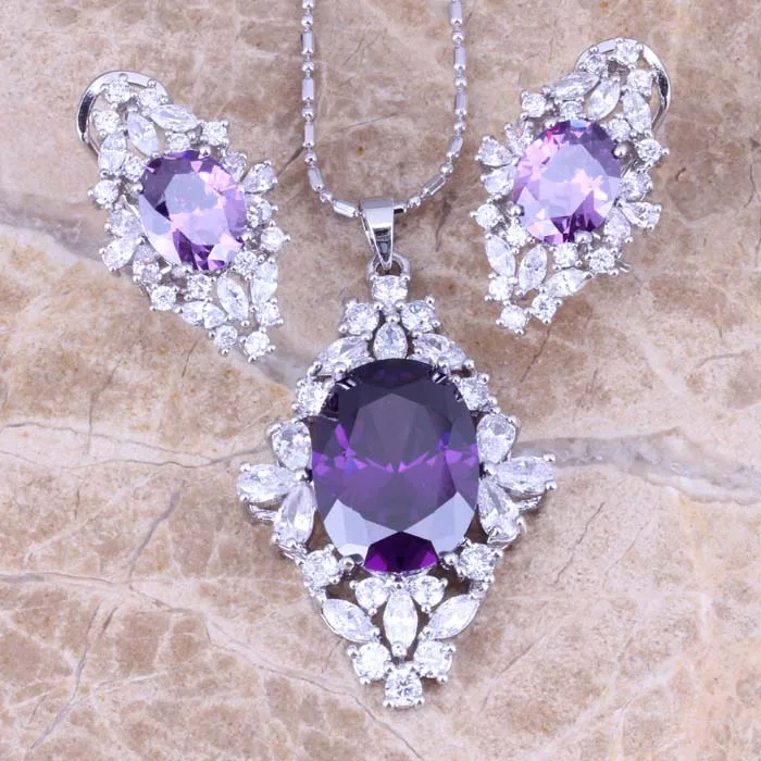 Noblest Purple Cubic Zirconia White CZ Silver Plated Earrings Pendant Necklace Fashion Jewelry Sets S0798