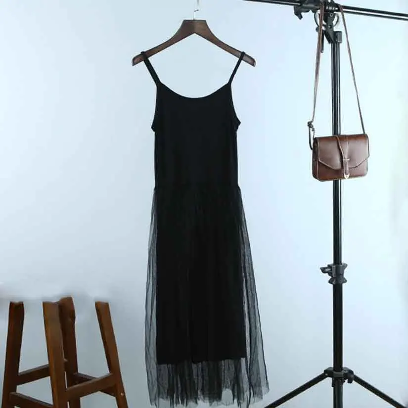 Wiosna i lato nowy seksowny pasek Spaghetti patchworkowa sukienka siateczkowa damska gaza koronkowy Tank sukienki na co dzień Sundress Party Vestidos — zdjęcie 3