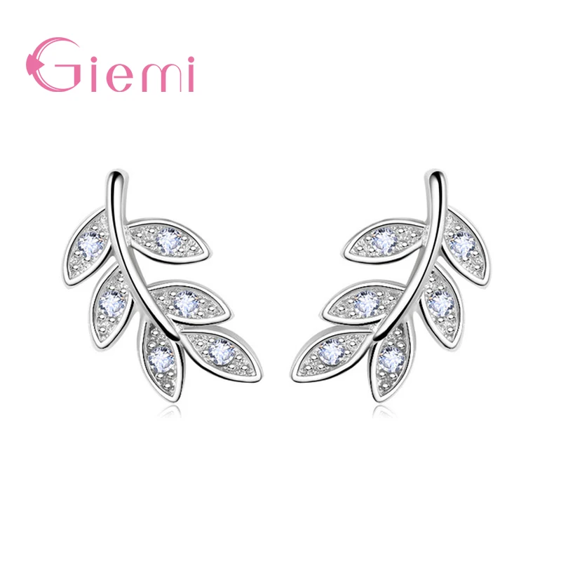 Simple Elegance Leaves Shaped Stud Earrings Paved Shiny Crystals Real 925 Sterling Silver Color Women Girls Brincos Bijoux