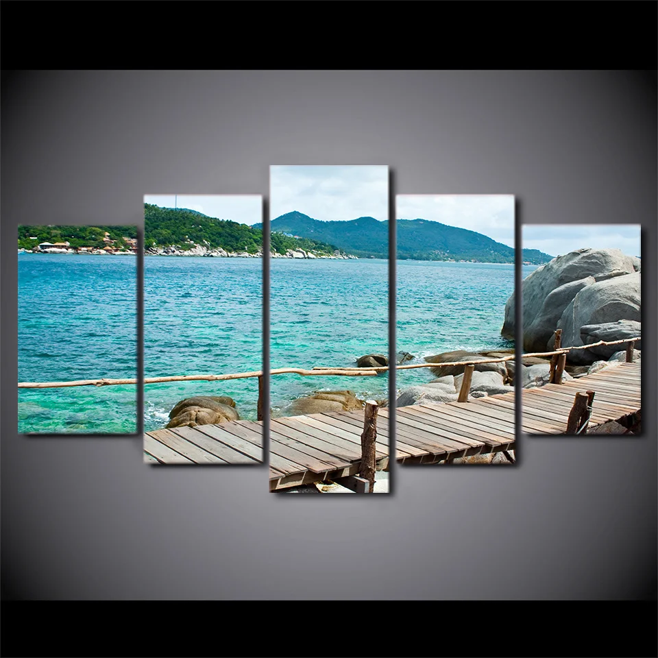 HD printed 5 piece canvas art beautiful sea coast boardwalk painting wall pictures for living room modern free shipping CU-2021A