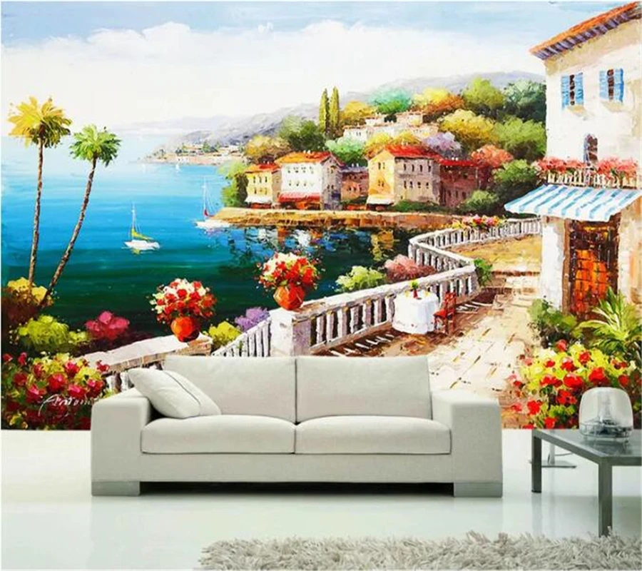 

wellyu Custom wallpaper papel de parede Greek Aegean seaside beautiful town European landscape background wall painting