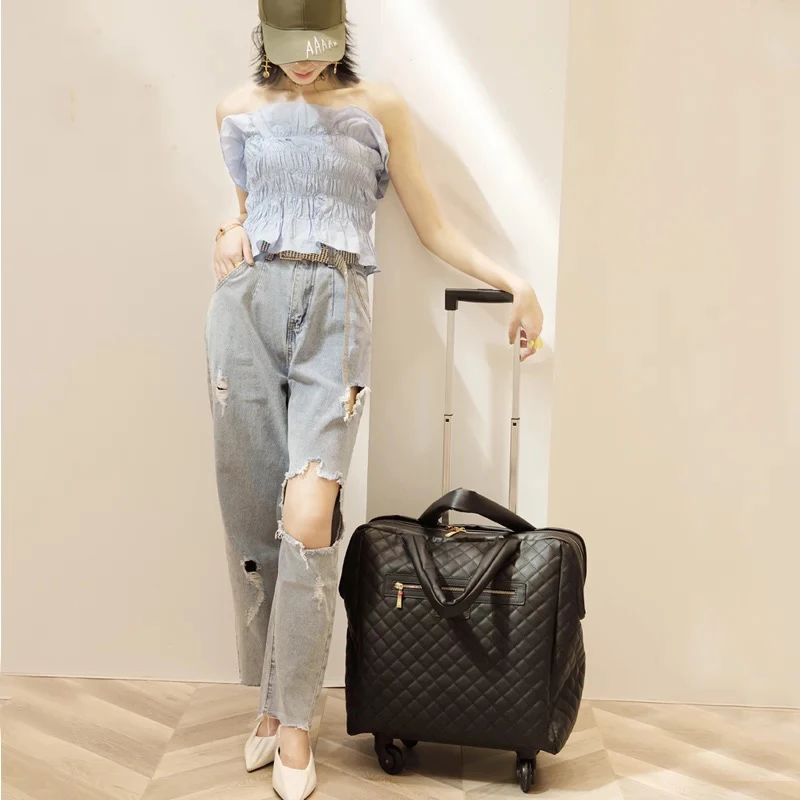 Women\'s suitcase 100% PU light portable travel trolley bag small rolling luggage female brand boarding 18 inch handbag