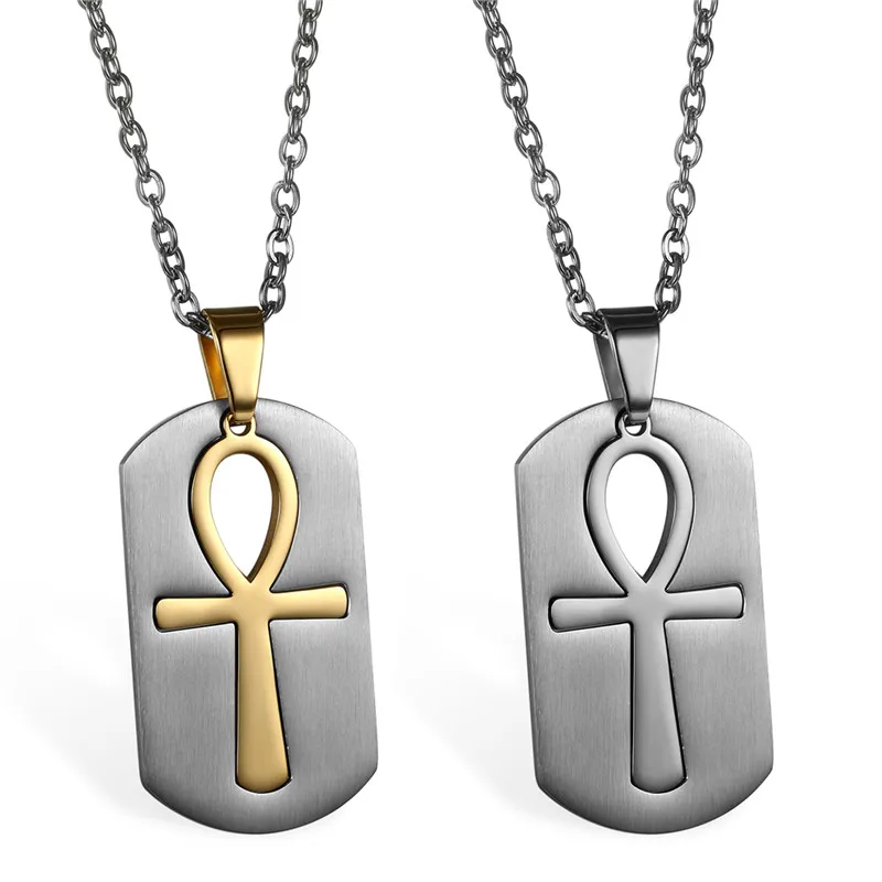 Boniskiss Mens Fashion Ancient Egyptian Ankh Dog Tag Pendant Stainless Steel Symbol of Life Necklaces  Amulet Jewelry Wholesale