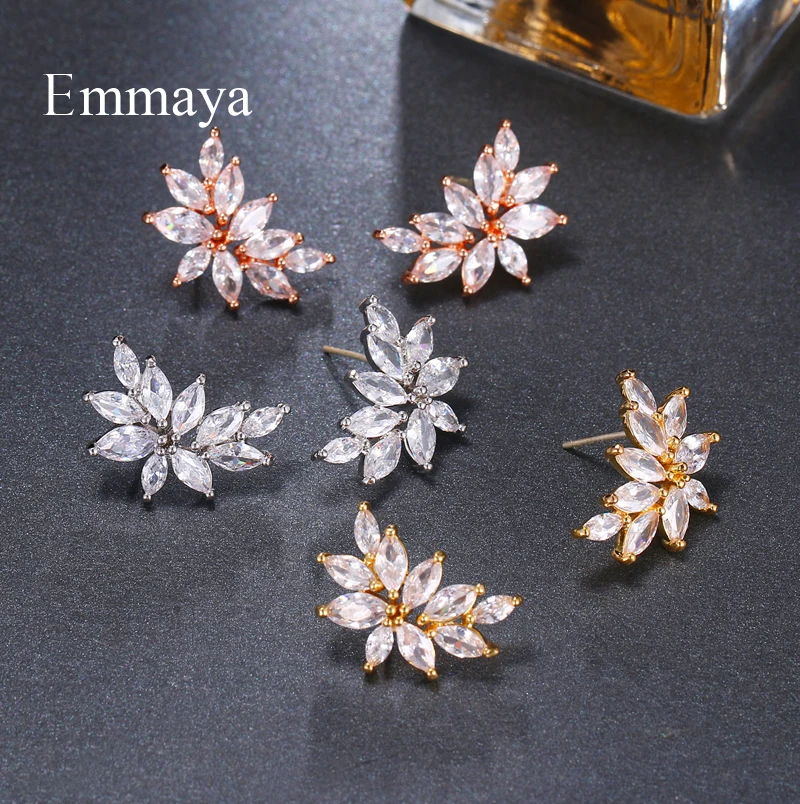 Emmaya Brand Fashion Simple AAA Cubic Zircon Three Colors Flower Shape Earrings for Women Popular Wedding Birthday Jewelry Gift