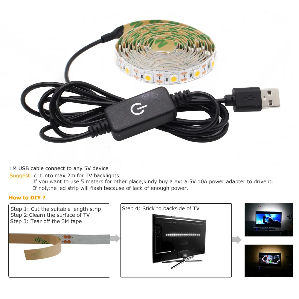 LED Strip Waterproof USB 5V SMD 5050 Touch Dimmable LCD TV Backlight Warm White Flexible USB LED Strip Tape Stripe Ribbon Light