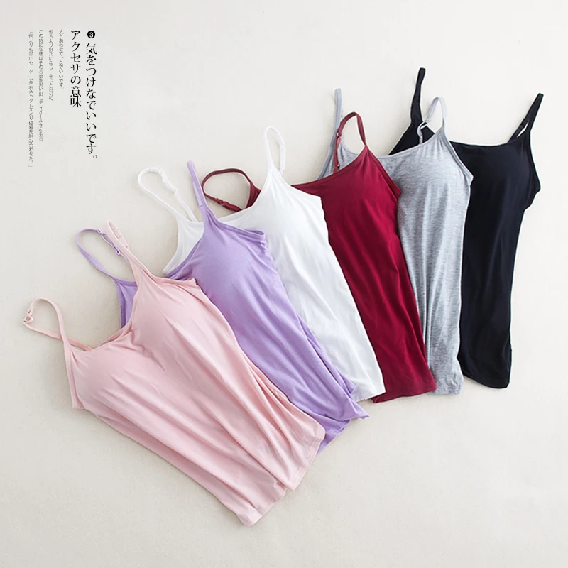 

Spaghetti strap tank top with pad women o neck Camisole for women medium long solid basic bottoming shirt summer plus size sling