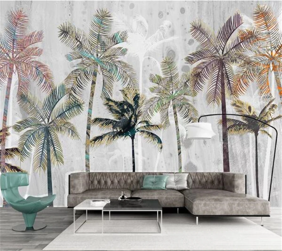 

wellyu Custom wallpaper papel de parede Light luxury Nordic tropical plant hand-painted coconut tree landscape TV background