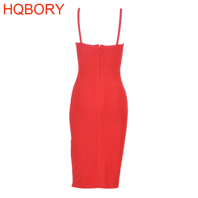 Spaghettibandjes split rood elastisch gebreid 2019 nieuwe sexy dames knielengte bandagejurk