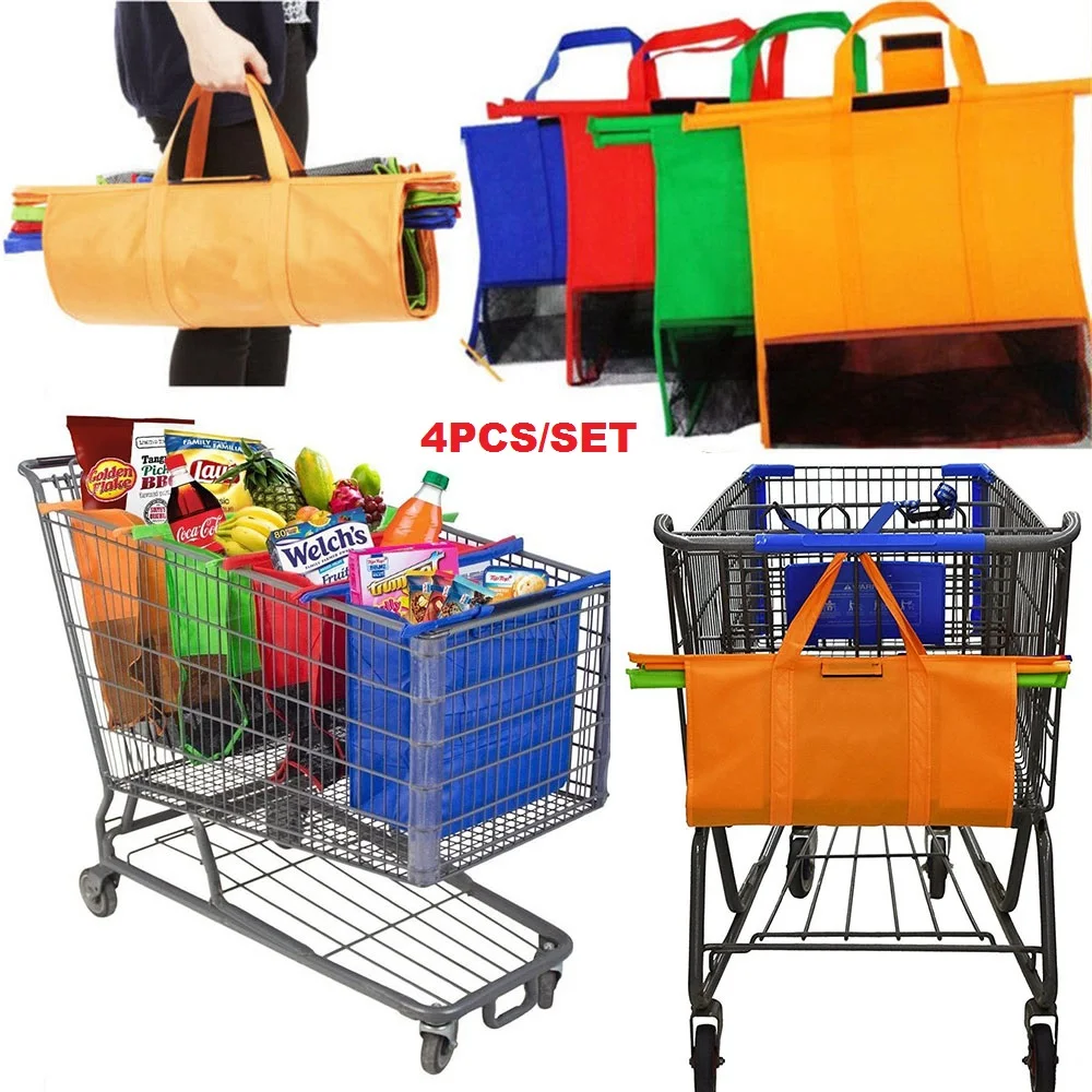 

Cart Trolley Supermarket Shopping Bag Grocery Grab Shopping Bags Foldable Tote Eco-friendly Reusable Supermarket Bags 4pcs/set