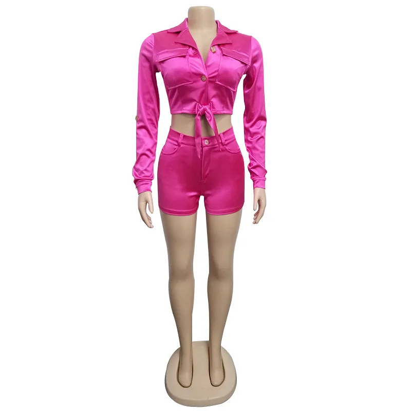 Tie Up Satin Two Piece Set Women Summer Outfits Short Sleeve Bow Tie Up Top And Shorts Suit Fashion Sexy Women Sets