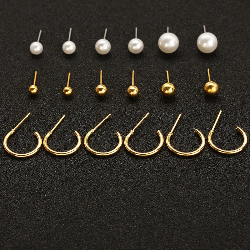 3 Kinds Small Simulated Pearl Golden Silver Plated Beads Opening Hoop Women Stud Earrings 9 pairs/set