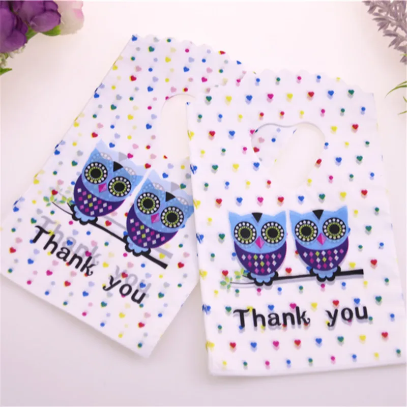 Fashion 50pcs/lot 9*15cm Small Plastic Jewelry Accessories Packaging Bags With Owl Thank You Mini Gift Bags