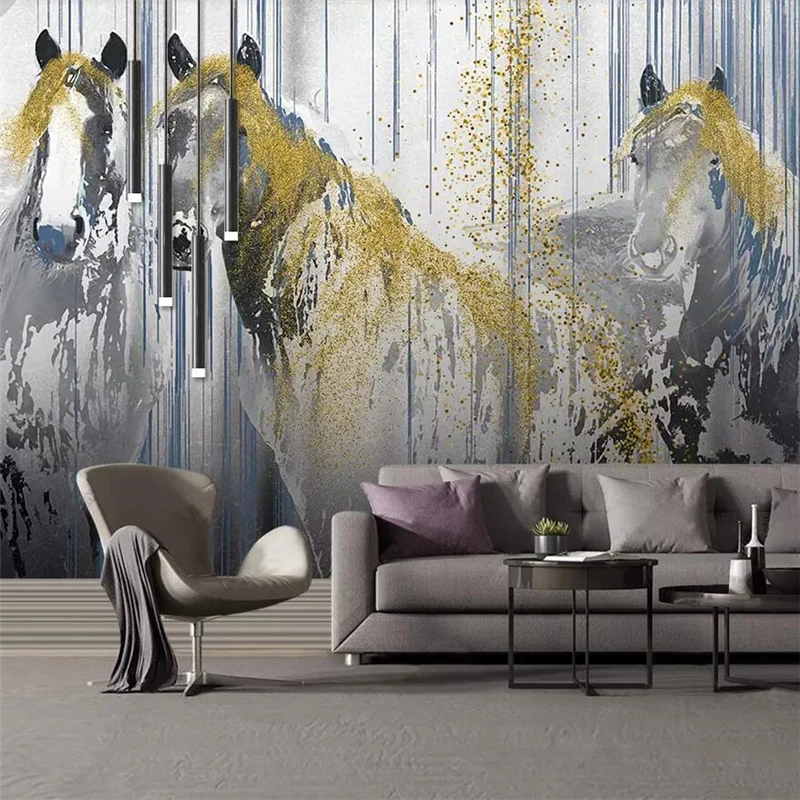 

beibehang Nordic minimalist hand-painted abstract golden horse background wall painting custom large mural green wallpaper