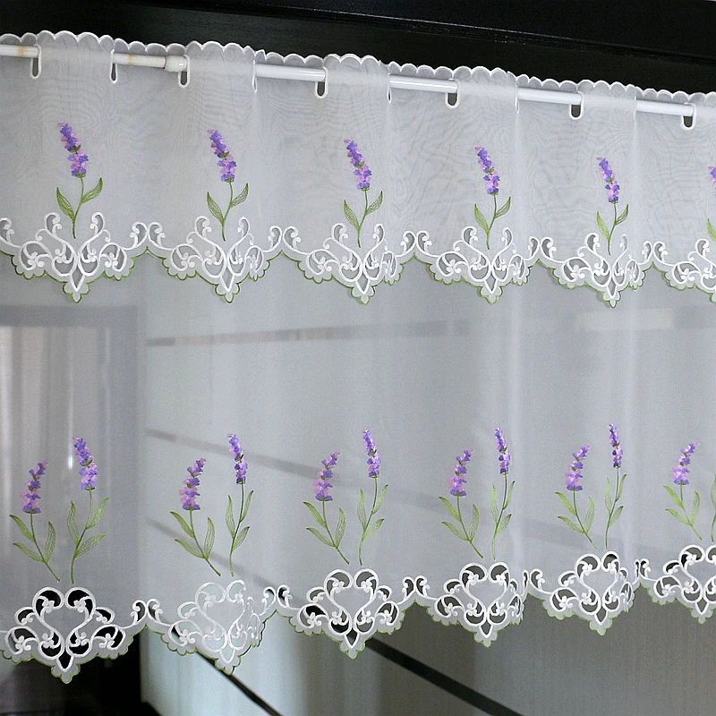 Half-curtain Purple Lavender Flower Embroidery Hollow Lace Hem Coffee Curtain Tulle Curtain for Wedding Kitchen Cabinet Door