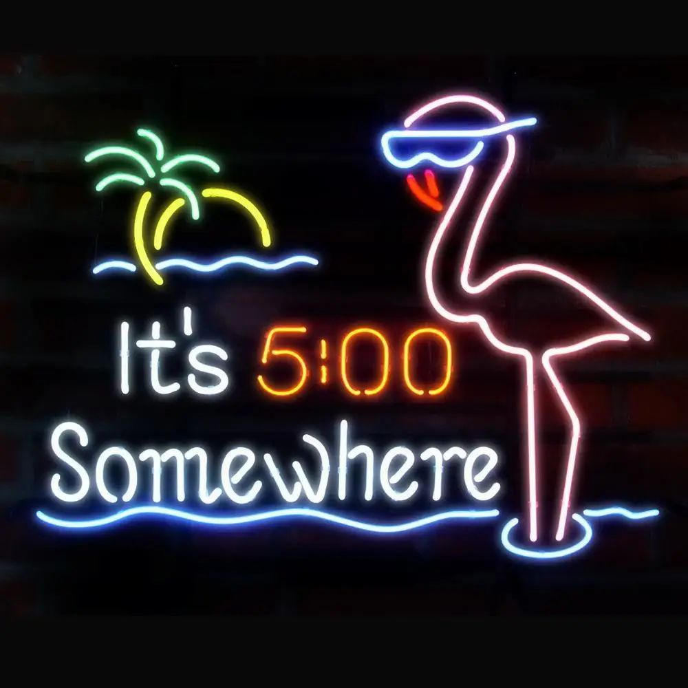 

Custom It's 5 O'clock Somewhere Pink Flamingo Glass Neon Light Sign Beer Bar