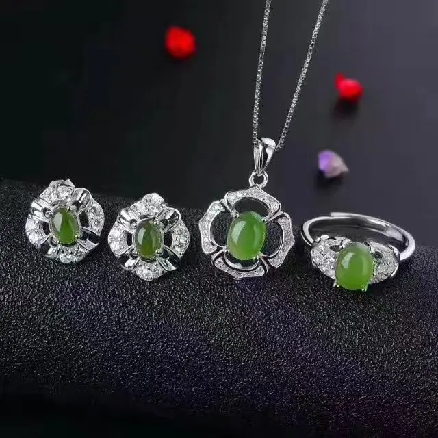 

LANZYO 925 sterling silver natuarl green Jasper Jewelry Sets Fine Jewelry Ring Necklace Pendant Earring Women Bridal tz002agby