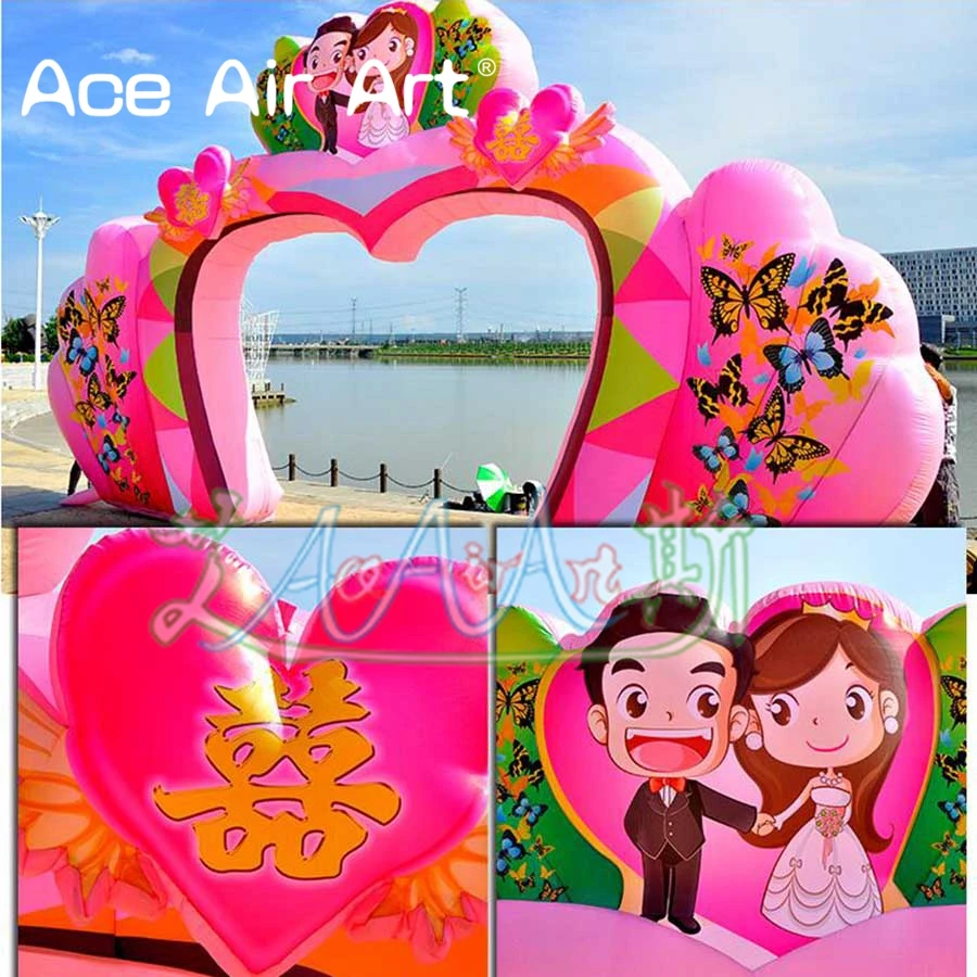 Custom Heart Shape Inflatable Wedding Arch With Butterflies/Bride And Groom For Wedding