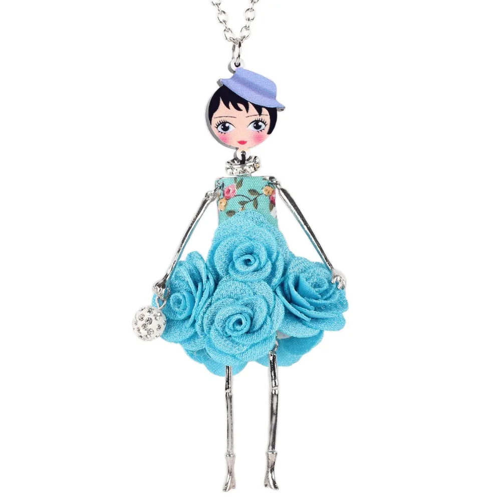 Bonsny Statement Flower Doll Necklace Dress Handmade French Doll Pendant News Alloy Girl Women Flower Fashion Jewelry Gift