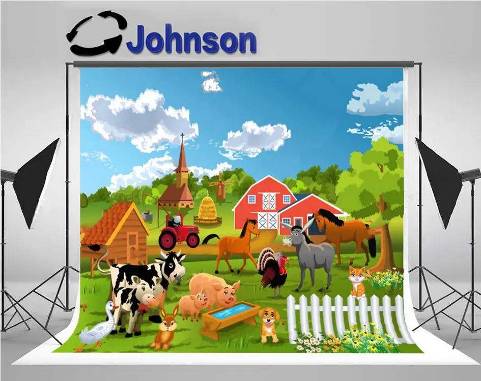 

Farm Animals Red Barn Cow Tree Fence Flower background High quality Computer print children kids backdrops