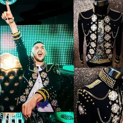 Quality Men's Handmade Rhinestone Royal Jacket Costumes Nightclub Male Singer Stage Show Performance Coat Bar Singer Dance wear