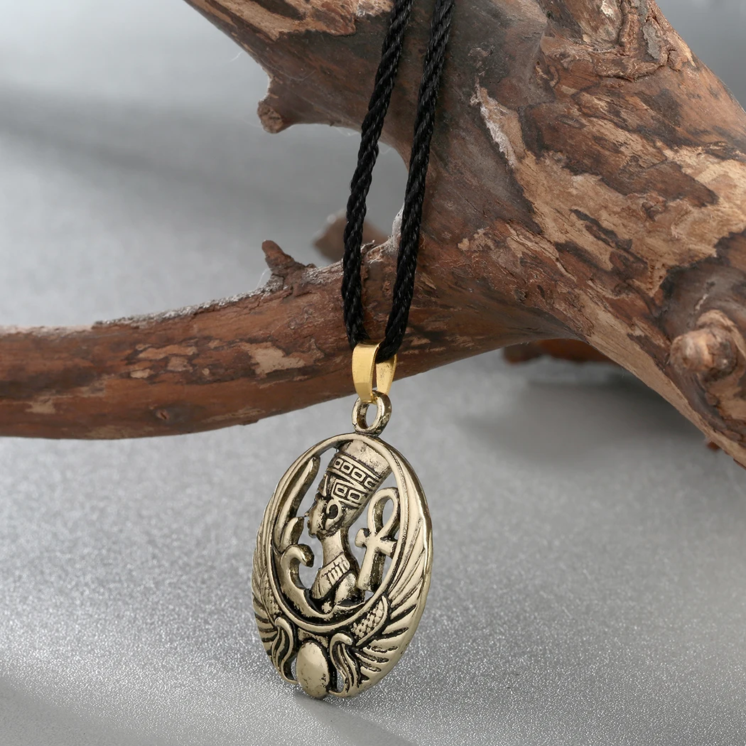 Cxwind Ancient Egyptian Queen Necklace Pendant Vintage Color Egypt Nefertiti Head Portrait Ankh Cross Wing Necklaces Jewelry