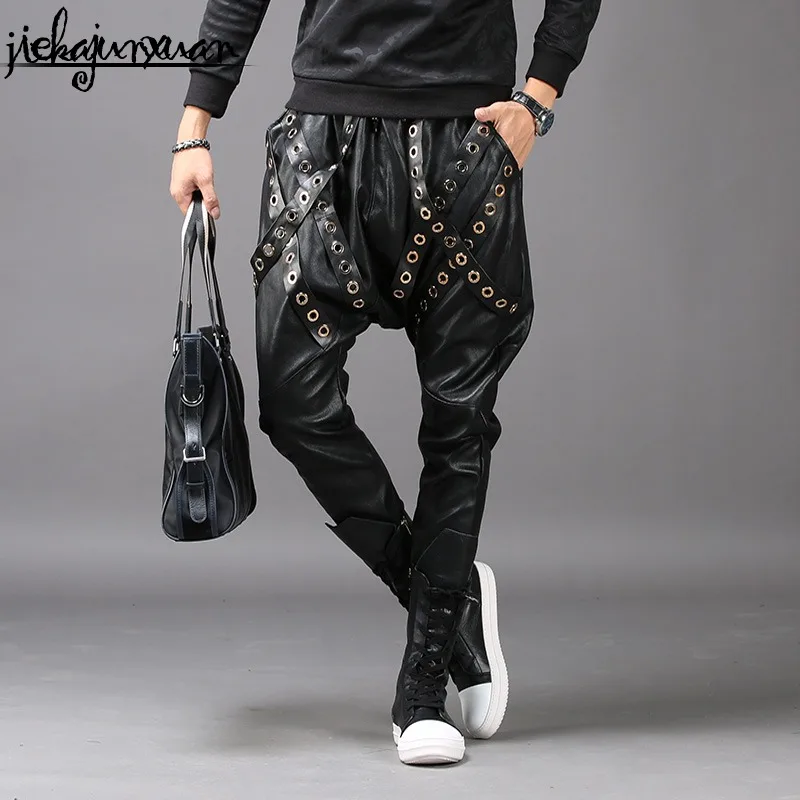 Men\'s Fashion Black Joggers Tight Youth Harem Pants Men Slim Korean Motorcycle Leather Pants Pu Autumn Winter Rivets Trousers