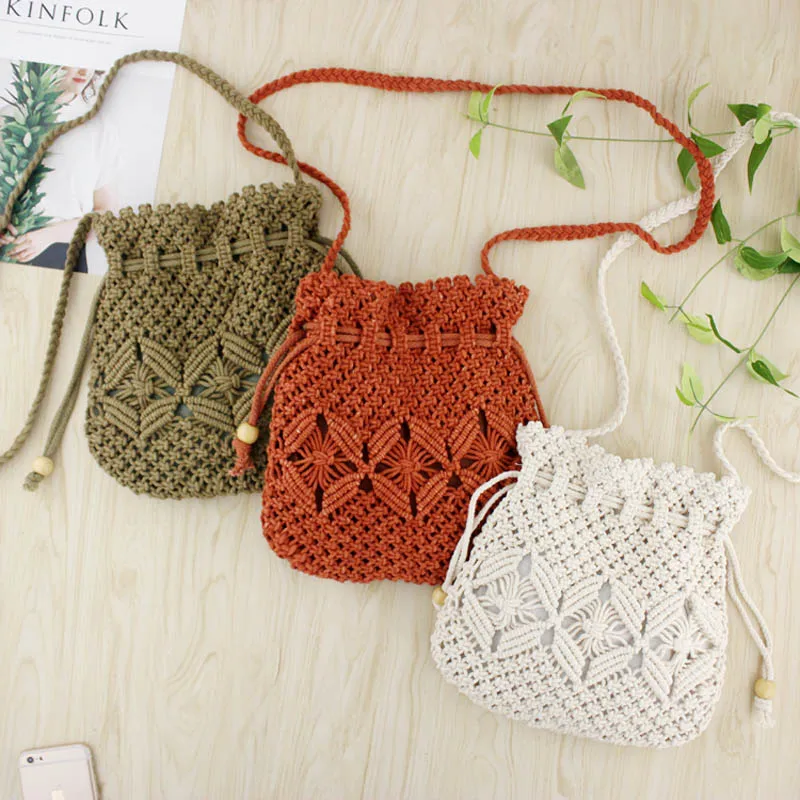 Weaving bucket bag mini crossbody bag Drawstring handbags Vacation leisure beach bag straw handbags