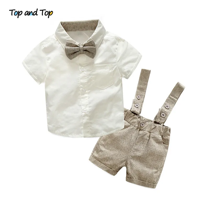 

Top and Top Fashion Baby Boys Gentleman Clothing Sets Short Sleeve Shirt with Bow Tie +Suspenders Shorts Formal Boys Outfits