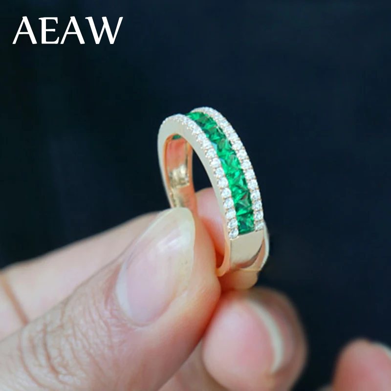 AEAW Lab created Colombian Green Emerald Princess Gemstone Solitaire with Moissanite Enagement Ring 14k White Gold Fine Ring