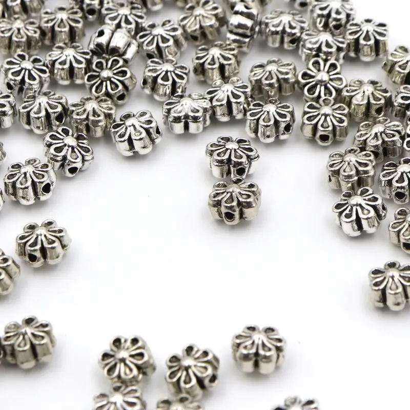 50 stücke Metall tibetischen Silber Blume Spacer lose Perlen für Schmuck Handarbeit DIY Armband Halskette Perlen Zubehör Großhandel – Detail 6