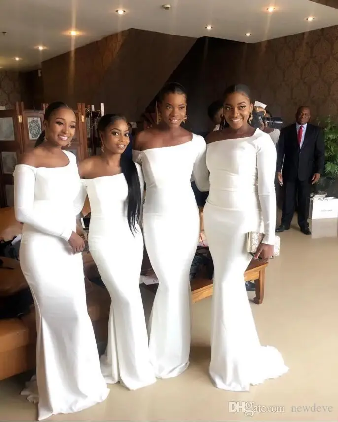 2019 Elegant Bridesmaid Dresses Black Girls Off Shoulder Floor Length Long Sleeves Maid of Honor Gowns Mermaid