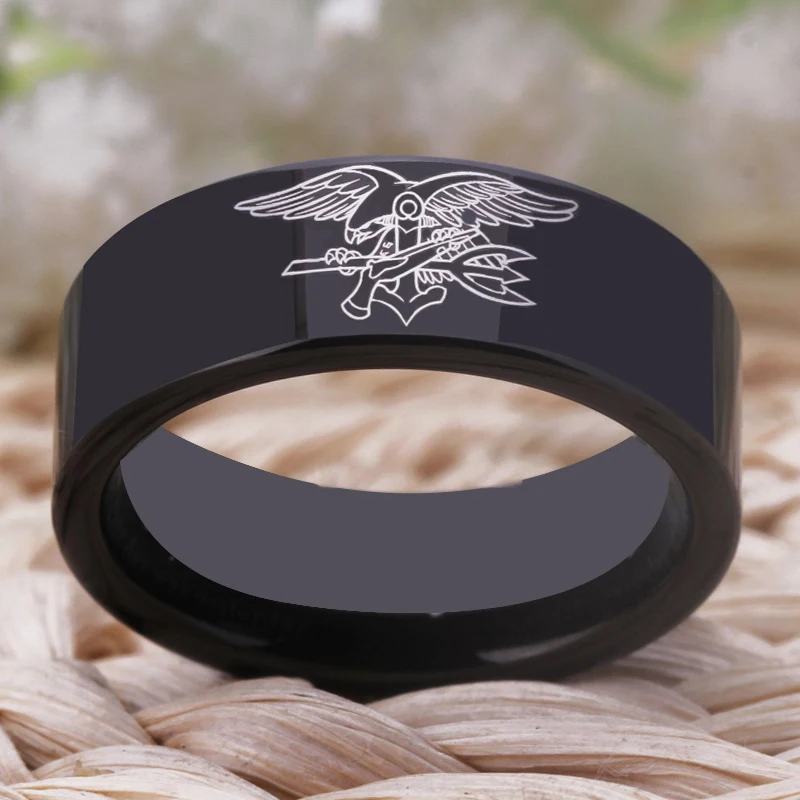 Free Shipping USA UK Canada Russia Brazil Hot Sales 8MM Black Pipe Navy Seals Military Design Men's Tungsten Comfort Fit Ring