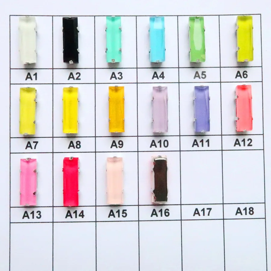 Silberne Krappenfassungen, Jelly Candy Color Glas-Kristall, 7 x 21 mm, rechteckige Form, 20 Stück/Packung, zum Aufnähen von Strassperlen, Basteln, DIY – Detail 2