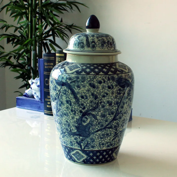 Modern Chinese Creative Ornaments Handpainted Plum Bird porcelain temple jar Pot Living Room Decoration ceramic Ginger jar vase