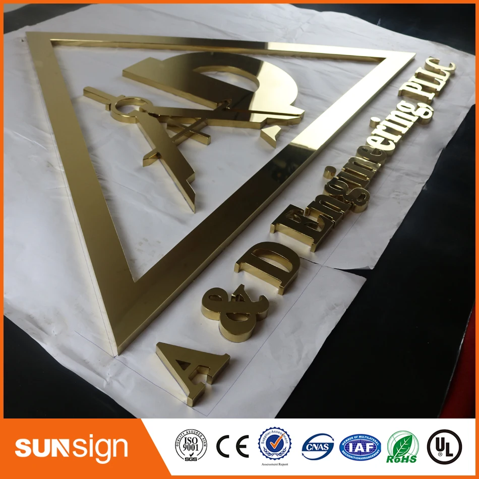 Indoormirror polished gold color stainless steel channel letter signage