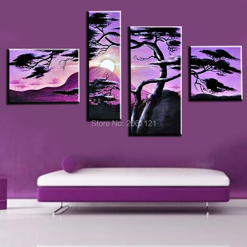 100% Hand made bright purple landscape PAINTING DECOR Abstract Wall Decor moutain sun tree Oil Painting on canvas 5pcs