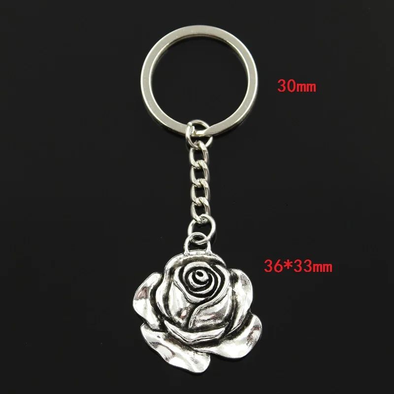 Fashion 30mm Key Ring Metal Key Chain Keychain Jewelry Antique Bronze Silver Color Plated Rose Flower 36x33mm Pendant